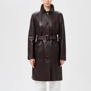 Женское кожаное пальто Max Mara Weekend тёмно коричневого цвета
